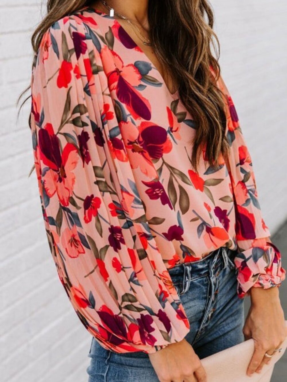 Medium Peach Blossom Printed Pleated Long pleated Sleeve Top peach magenta poppy - Picture 1 of 16